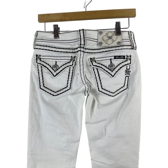 MISS ME Womens 26 Skinny Jeans White Black Saddle Cross Stitch Embellished Y2K - Picture 7 of 9